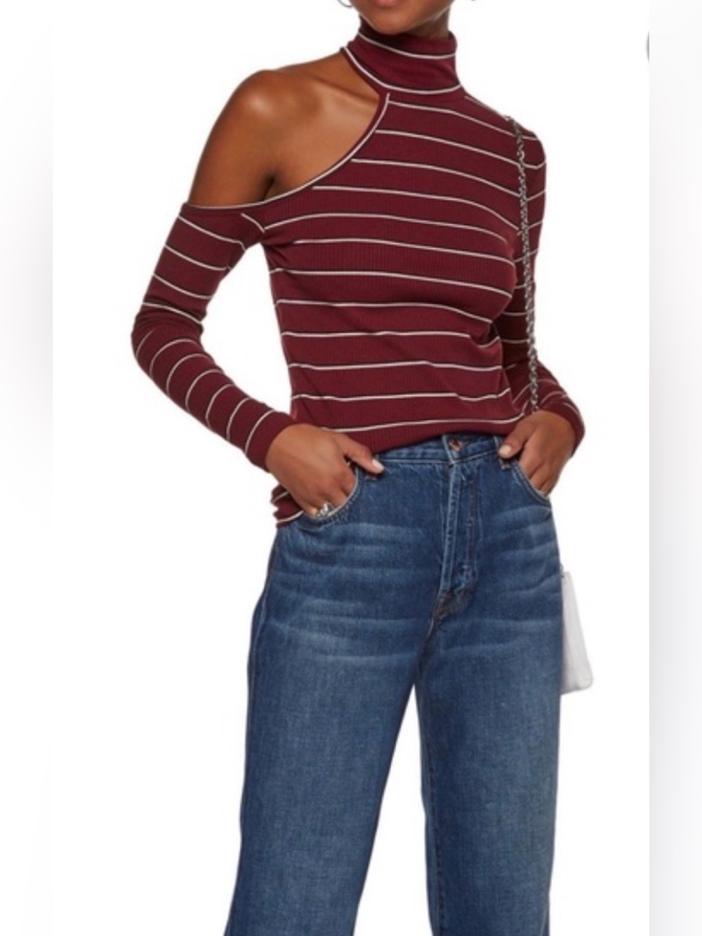 Walter Baker Burgundy Striped One Shoulder Turtleneck Top Size M